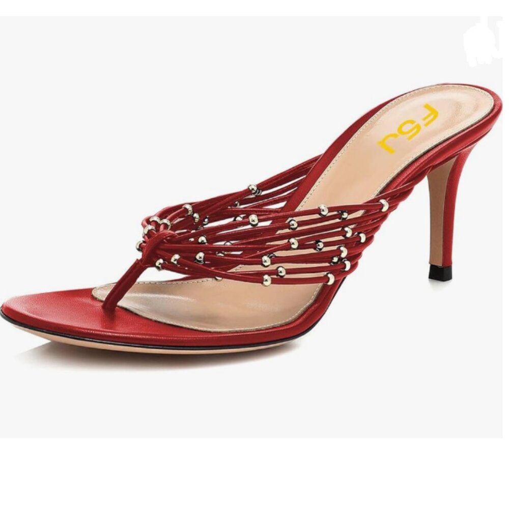 FSJ Red Strappy Beaded Thong Heel Sandals